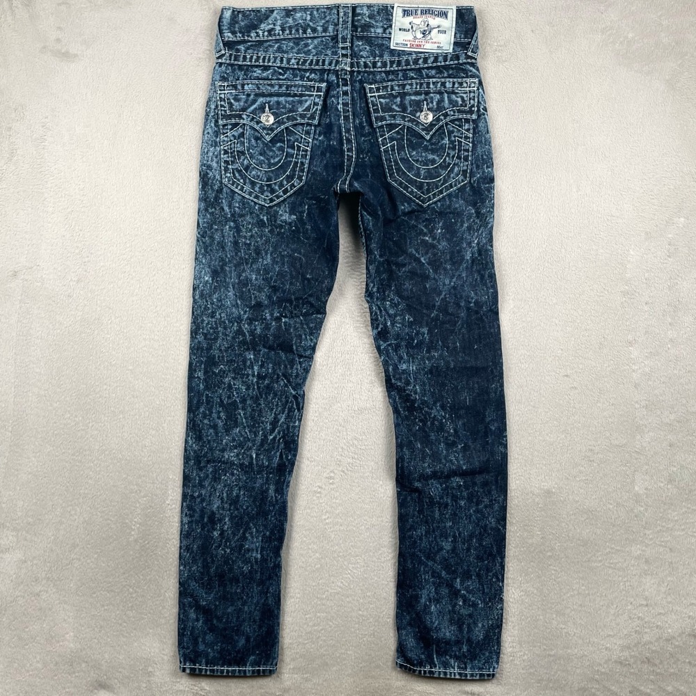 True Religion Big T Jeans Mens 30x32 Skinny Fit Blue Acid Wash Flap Pockets